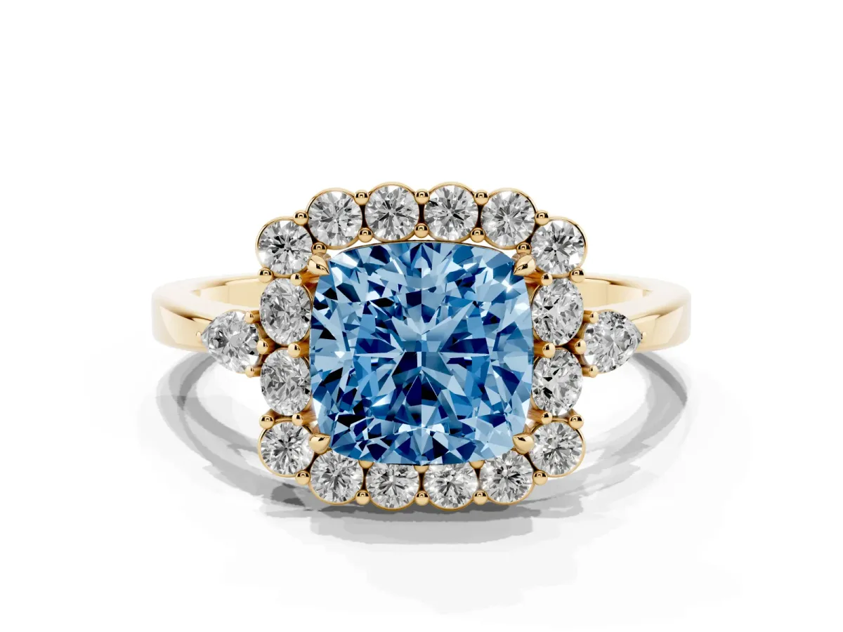 Fancy Blue Cushion Cut Diamond Halo Ring with Pear Side Stones and Prong Setting Yellow gold