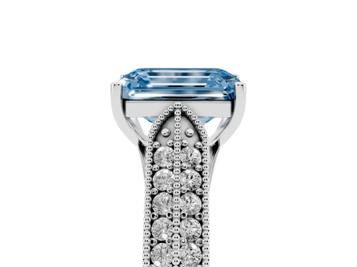 Fancy Blue Emerald Cut Cut Pave Split Shank Engagement Ring with Four-Prong Setting White gold