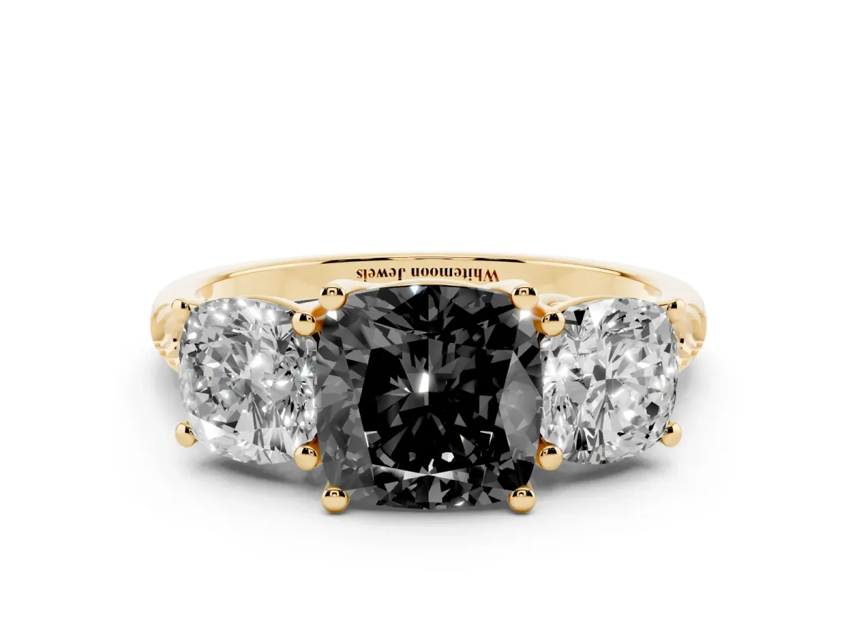 Fancy Black Three-Stone Cushion Cut Diamond Ring with Round Pavé Band and Prong Setting Yellow gold