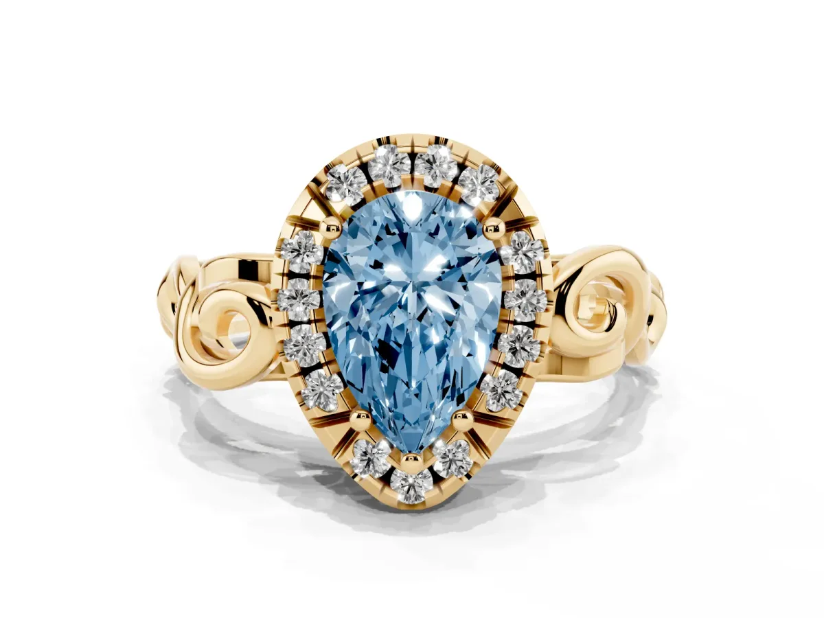 Fancy Blue Pear Cut Cut Halo Diamond Ring with Scrollwork Band and Four-Prong Setting Yellow gold