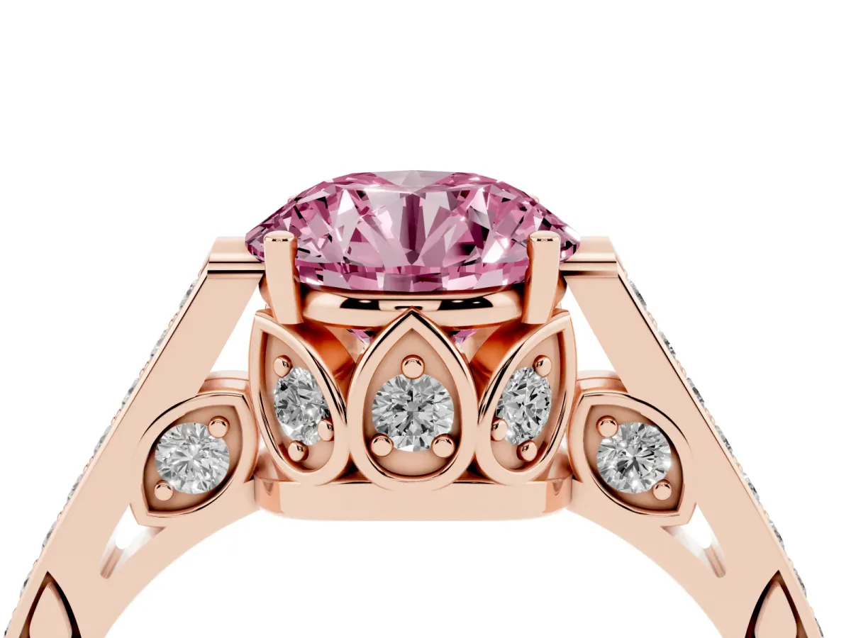 Fancy Pink Round Cut Cut Cathedral Pave Diamond Engagement Ring with Six-Prong Setting Rose gold