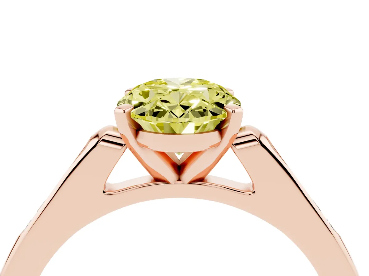 Fancy Yellow Oval Cut Diamond Solitaire Ring with Channel Set Round Band and Prong Setting Rose gold