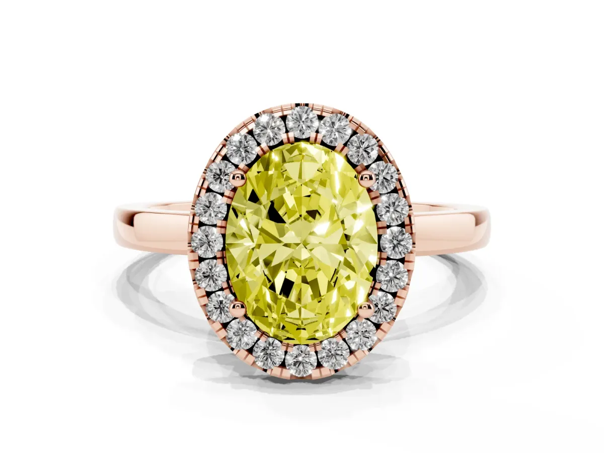 Fancy Yellow Oval Cut Halo Diamond Solitaire with Pavé Band and Four-Prong Setting Rose gold