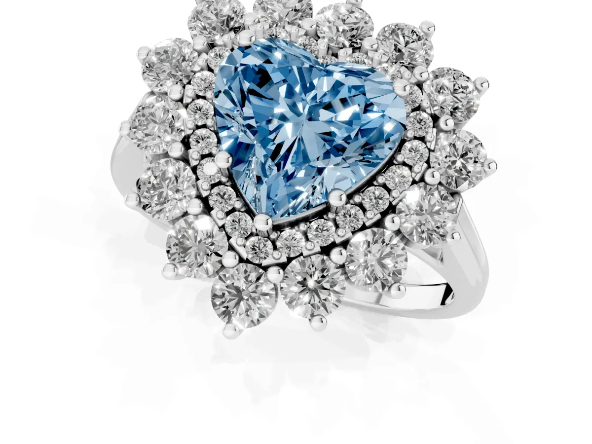Fancy Blue Heart Cut Diamond Floral Double Halo Engagement Ring with Prong Setting Platinum