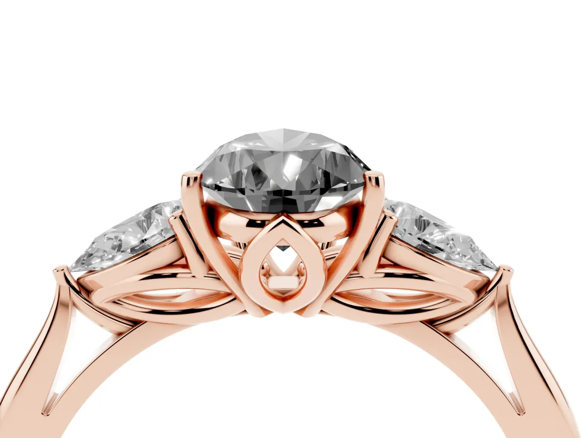 Fancy Black Pear Cut Diamond Three-Stone Ring with Pear Side Stones and Prong Setting Rose gold