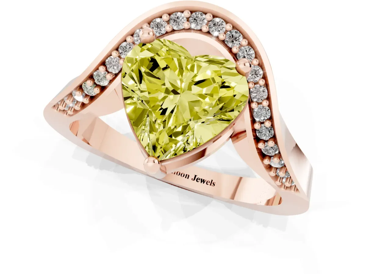 Fancy Yellow Heart Cut Solitaire Diamond Engagement Ring with Pave Band and Four-Prong Setting Rose gold