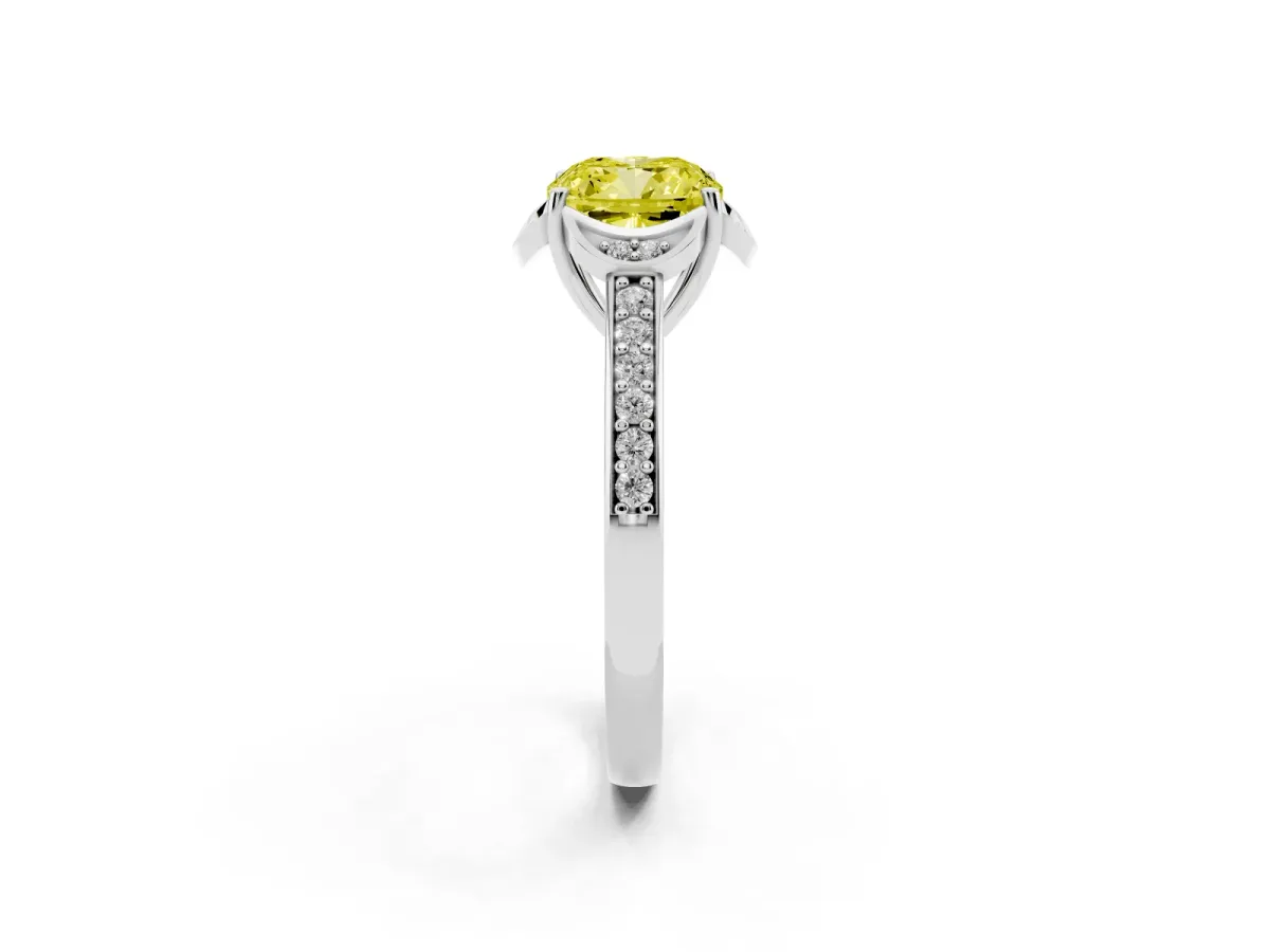 Fancy Yellow Cushion Cut Cut Halo Diamond Ring with Channel Set Band and Four-Prong Setting White gold