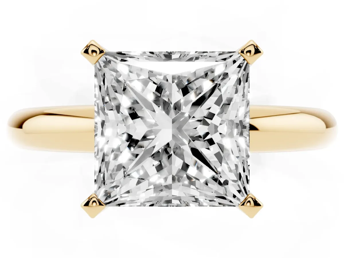 Princess Cut Diamond Solitaire Engagement Ring with Round Band and Four-Prong Setting Yellow gold