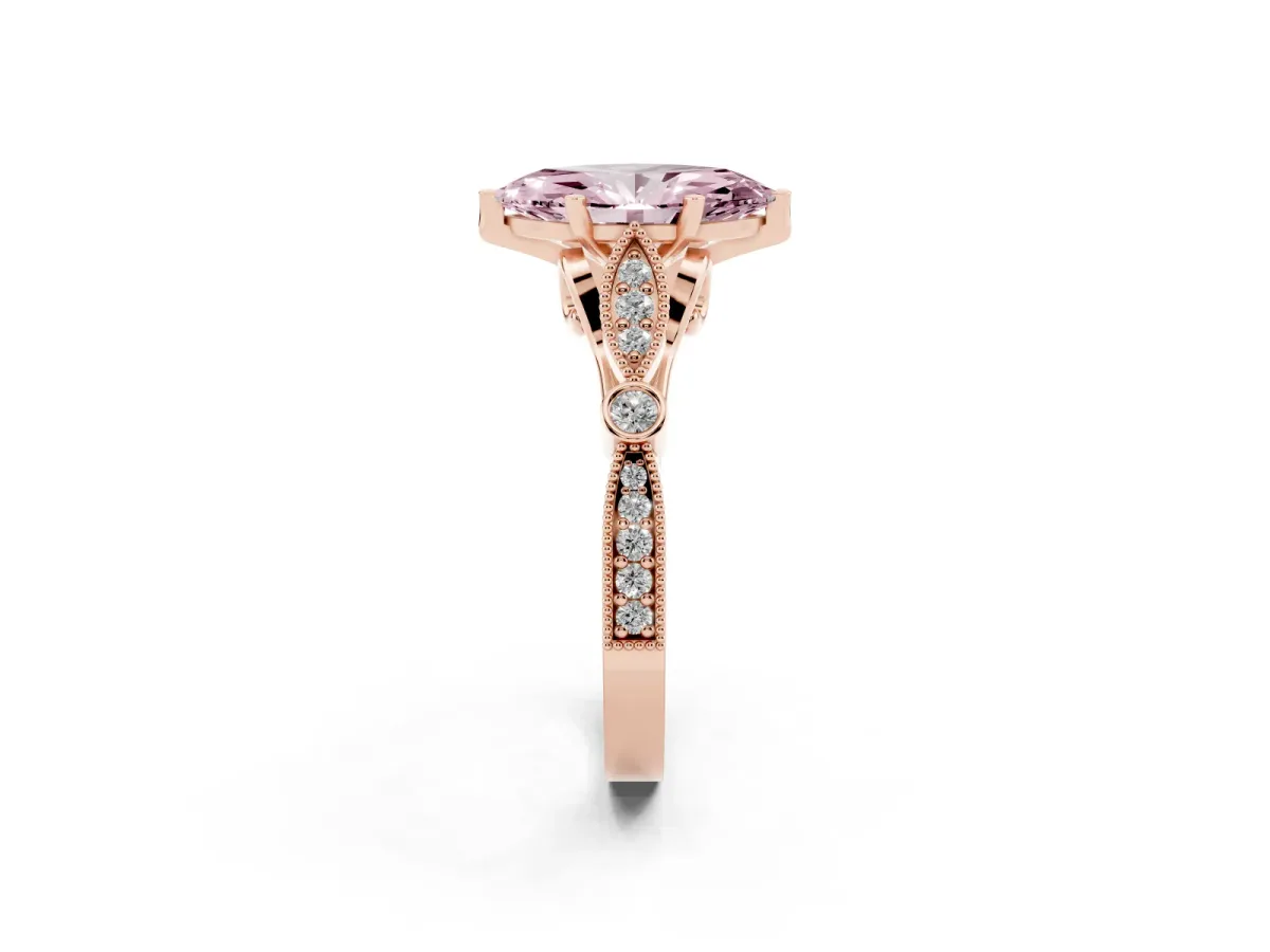 Fancy Pink Marquise Cut Cut Diamond with Milgrain Marquise and Bezel Accents on a Solitaire Band with Prong Setting Rose gold