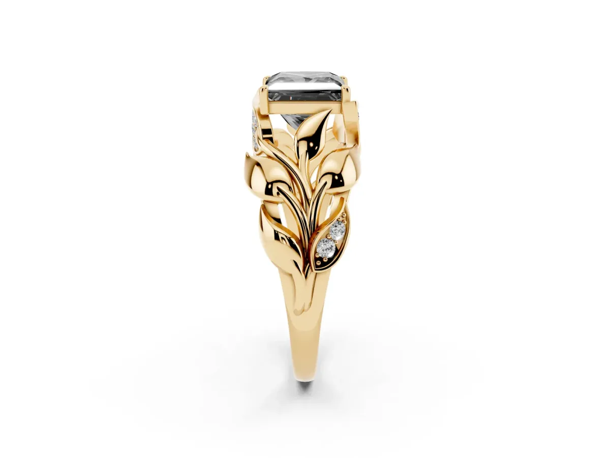 Fancy Black Princess Cut Diamond Leaf-Inspired Engagement Ring with Round Accents and Prong Setting Yellow gold
