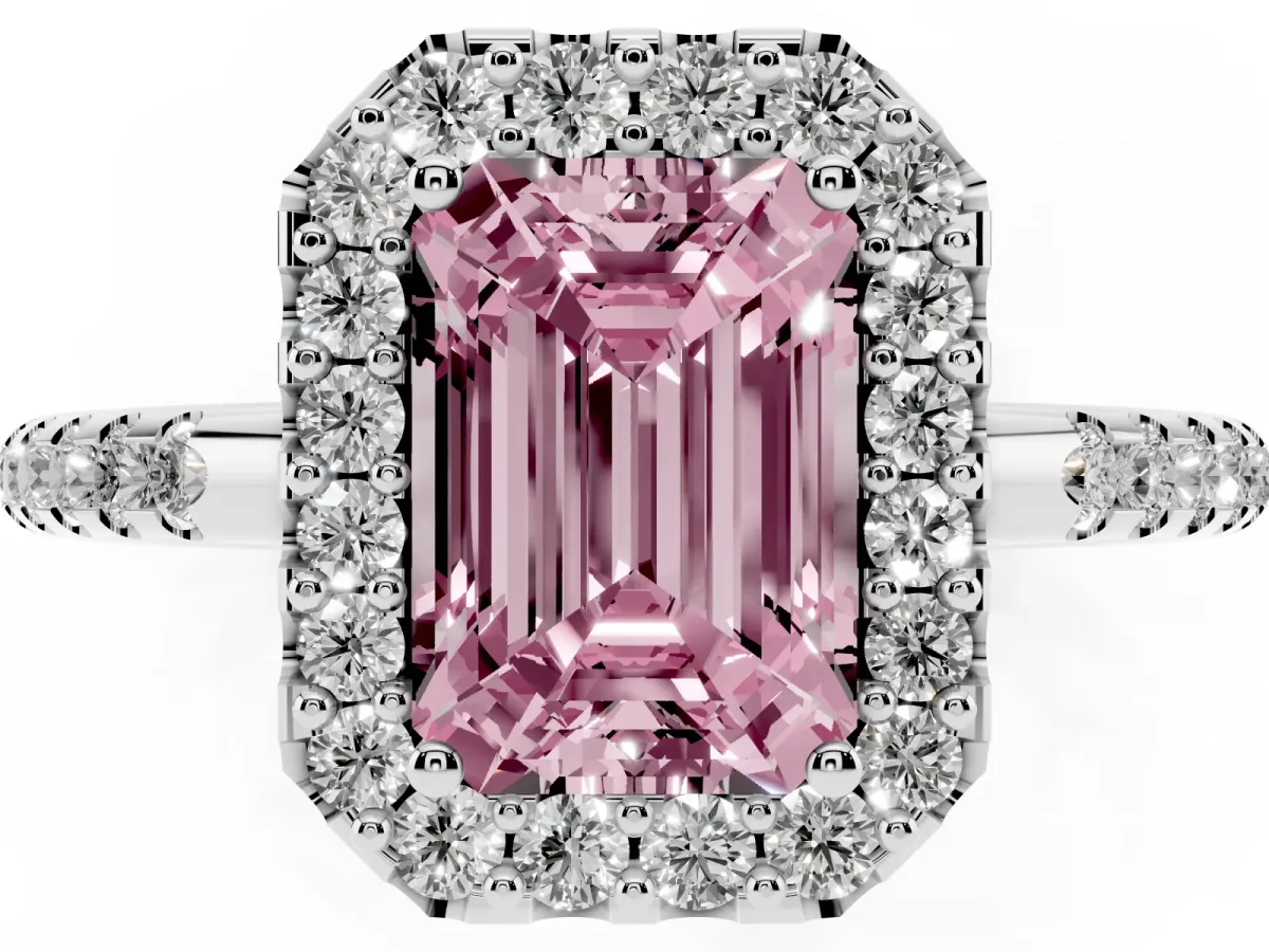 Fancy Pink Emerald Cut Diamond Pavé Halo Ring with Four-Prong Setting Silver