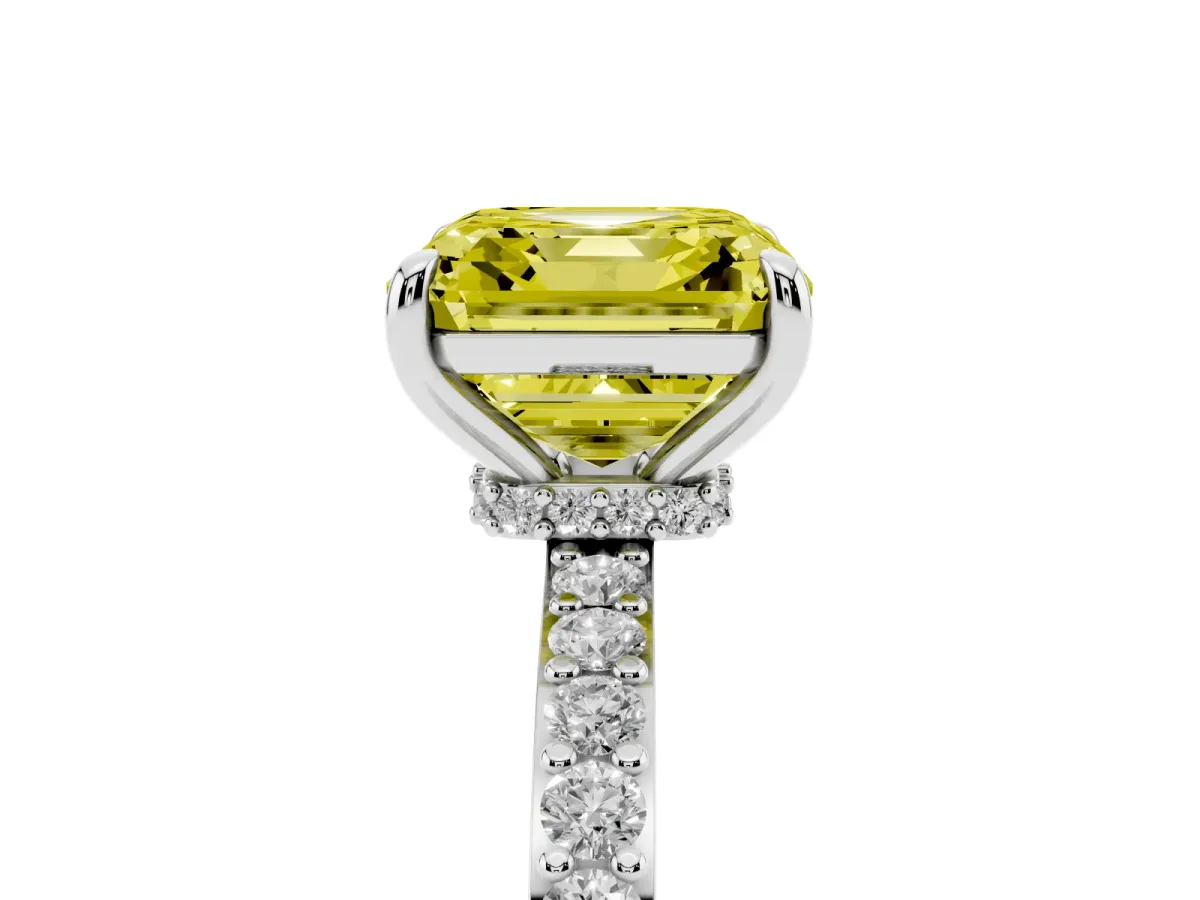 Fancy Yellow Asscher Cut Diamond Solitaire Engagement Ring with Pavé Band and Four-Prong Setting Silver