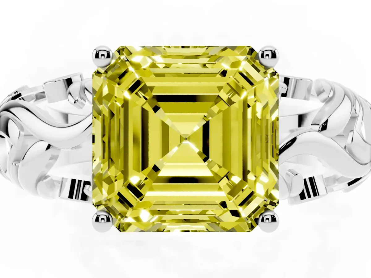 Fancy Yellow Asscher Cut Solitaire Diamond Leaf-Inspired Vine Band Ring with Prong Setting Platinum