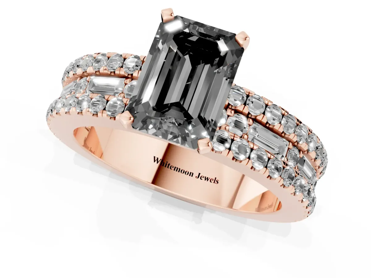 Fancy Black Emerald Cut Diamond Solitaire Ring with Pavé and Channel Set Band Rose gold