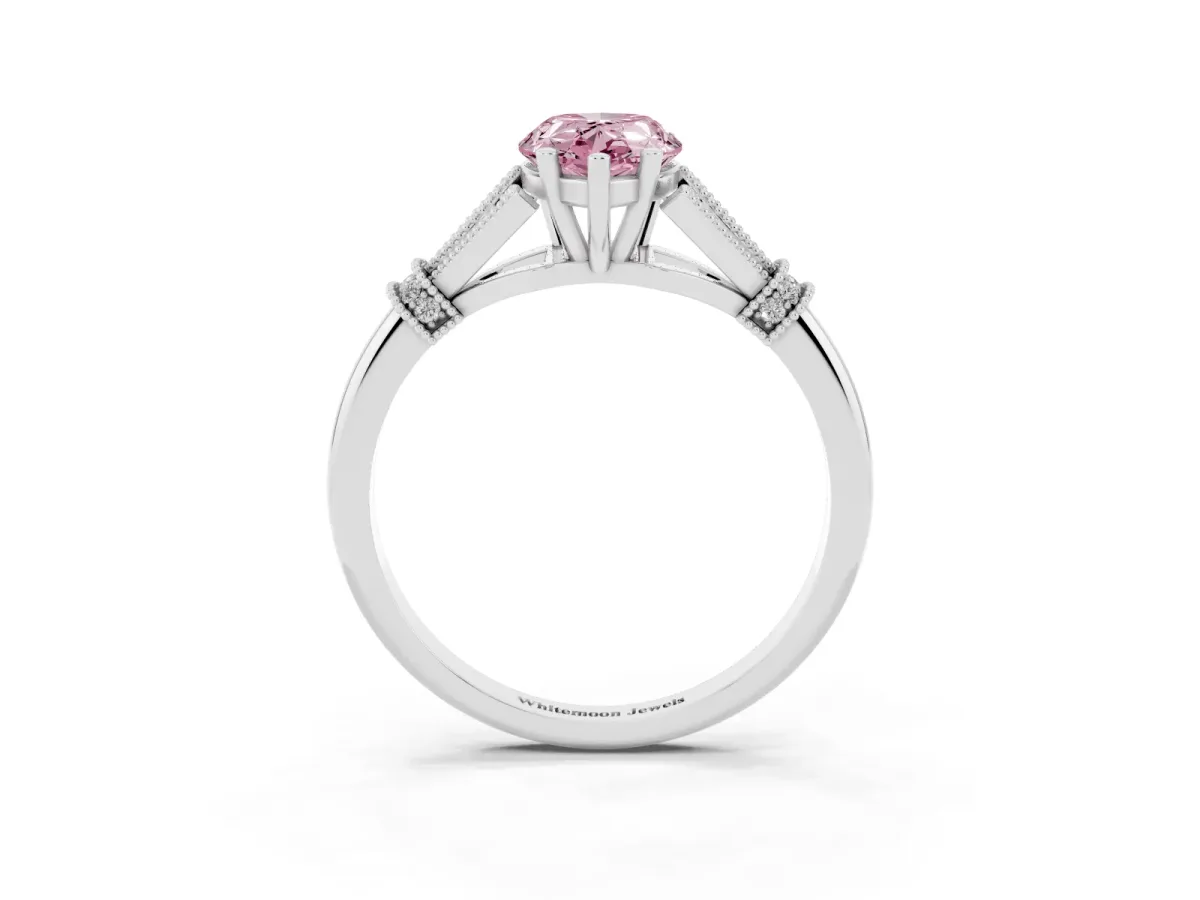 Fancy Pink Pear Cut Diamond Solitaire Ring with Floral Filigree and Pave Accents White gold