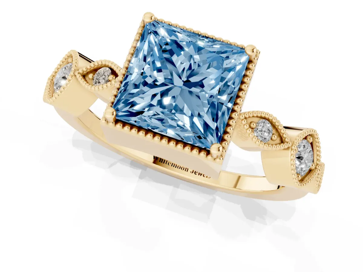 Fancy Blue Princess Cut Diamond Vintage Milgrain Ring with Round Stations Yellow gold