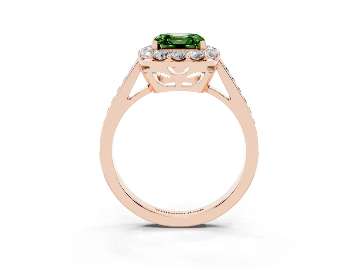 Fancy Green Asscher Cut Diamond Floral Halo Ring with Pavé Band and Prong Setting Rose gold