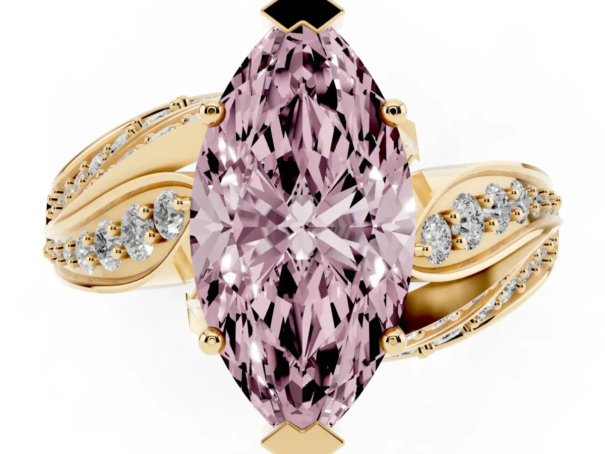 Fancy Pink Marquise Cut Diamond Solitaire Ring with Prong Setting and Twisted Pavé Band Yellow gold