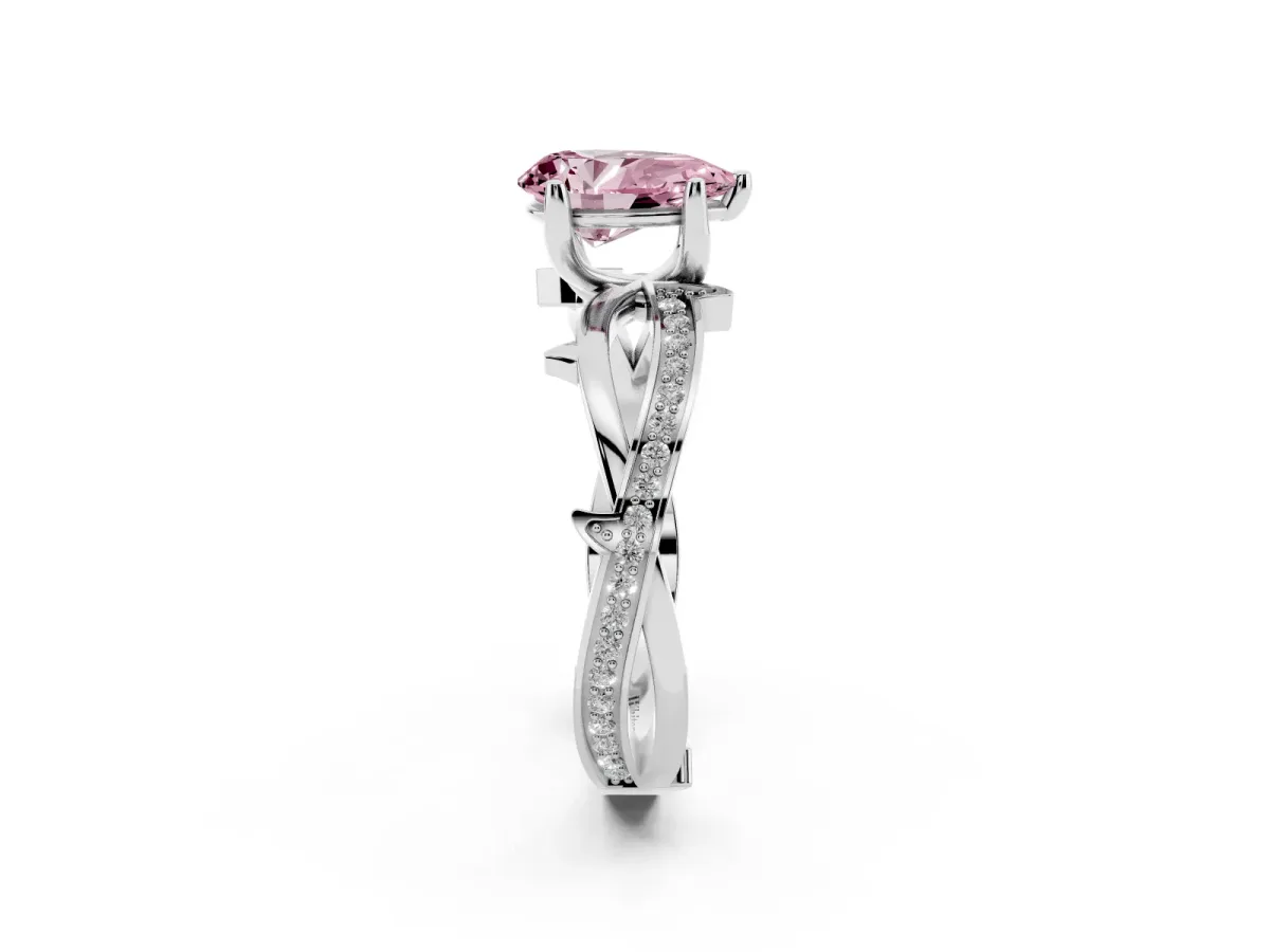 Fancy Pink Pear Cut Solitaire Twist Band with Pavé Accents and Four-Prong Setting Silver
