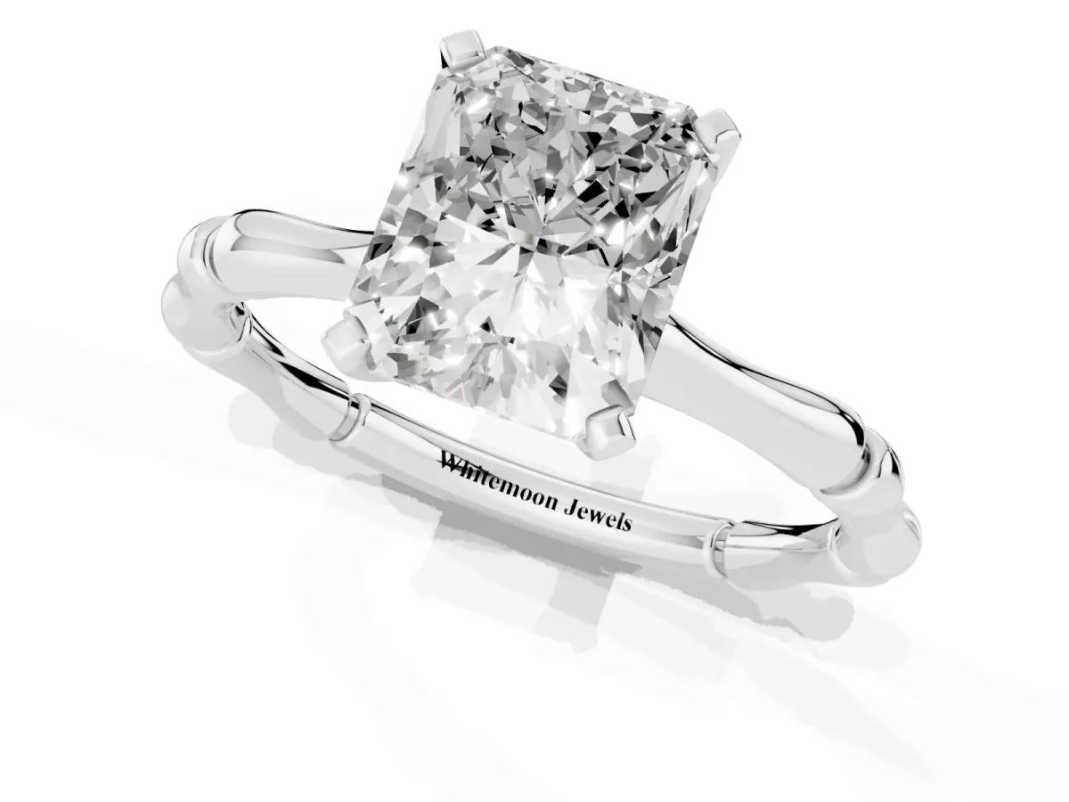 Radiant Cut Solitaire Diamond Ring with Bamboo Band and Four-Prong Setting Silver