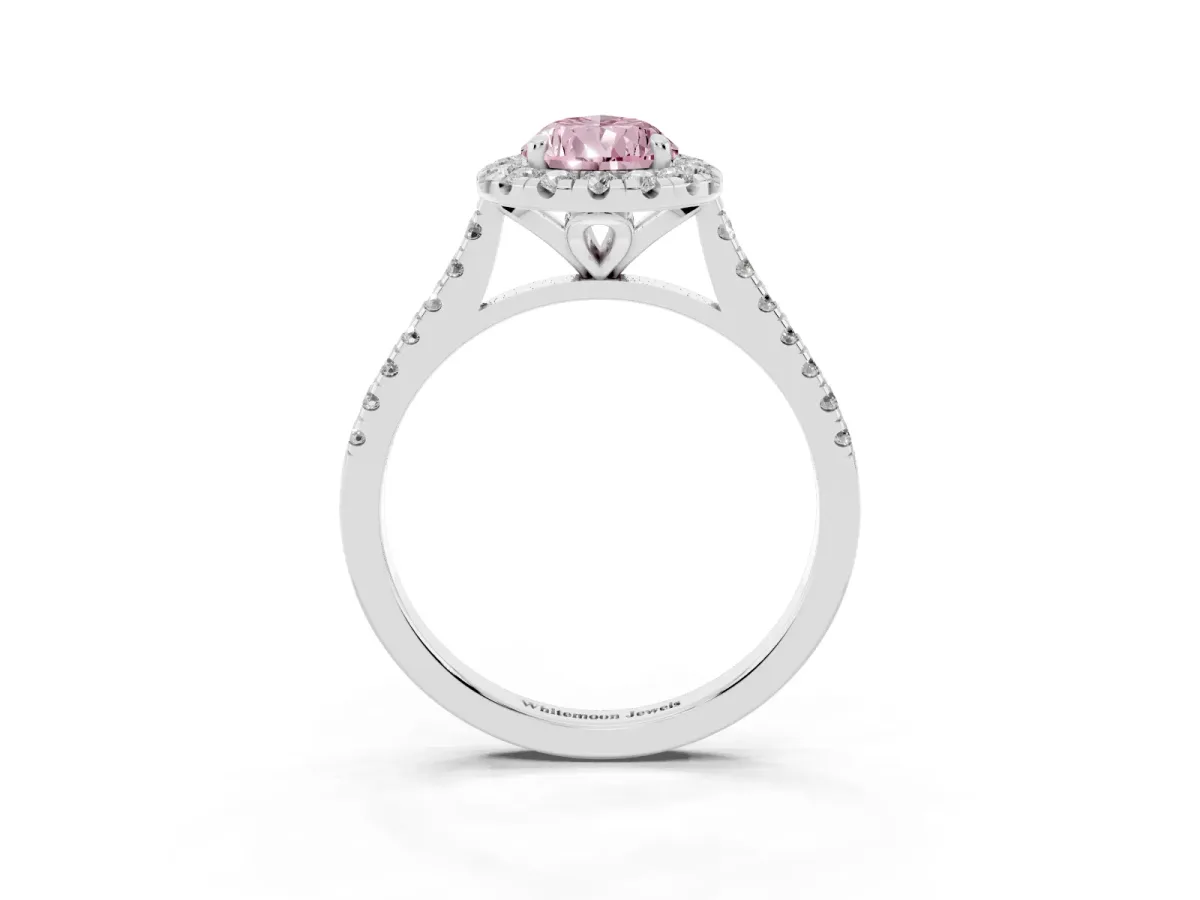 Fancy Pink Pear Cut Diamond Cushion Halo Ring with Pavé Band Platinum