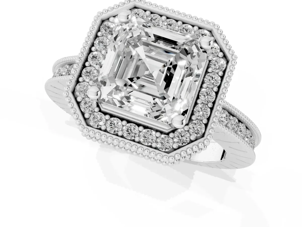 Asscher Cut Diamond Milgrain Halo Engagement Ring with Round Pavé Band and Prong Setting Platinum