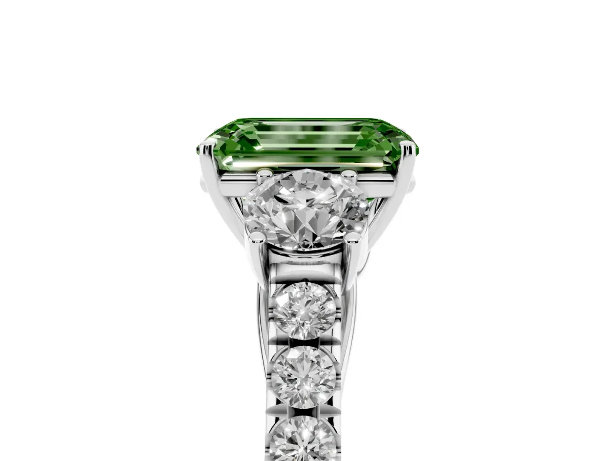 Fancy Green Emerald Cut Cut Diamond Three-Stone Ring with Round Side Stones and Pavé Band Silver