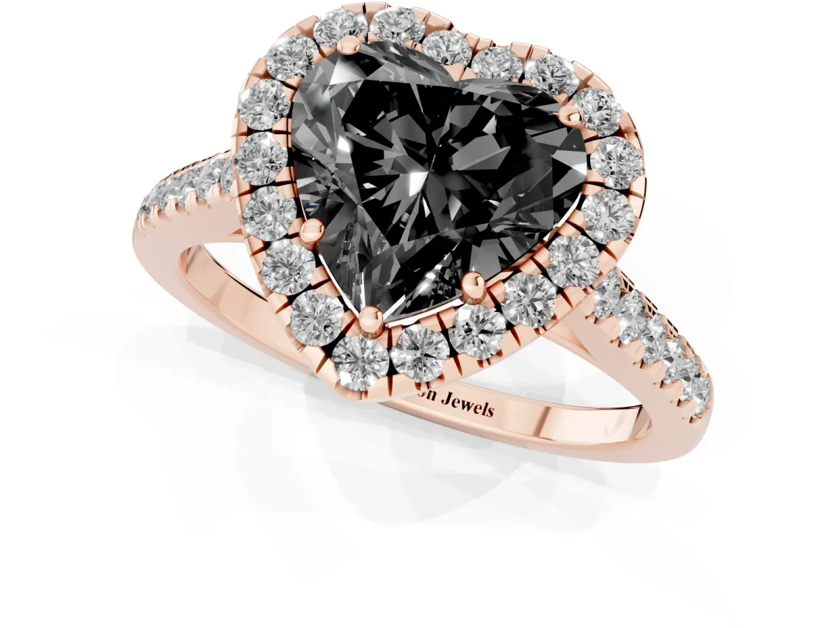 Fancy Black Heart Cut Halo Pave Diamond Engagement Ring with Four-Prong Setting Rose gold