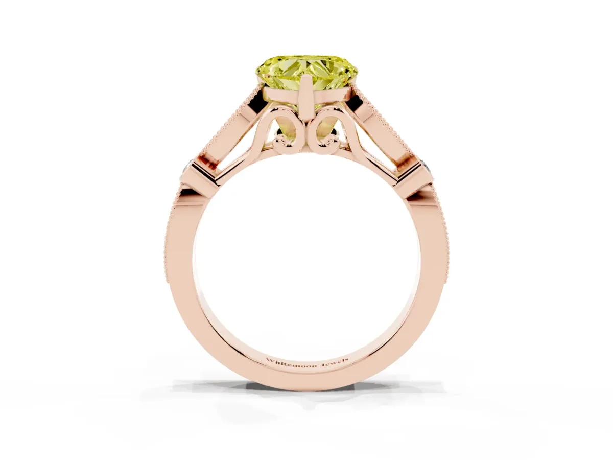 Fancy Yellow Heart Cut Cut Diamond with Milgrain Marquise and Bezel Accents on a Solitaire Band with Prong Setting Rose gold