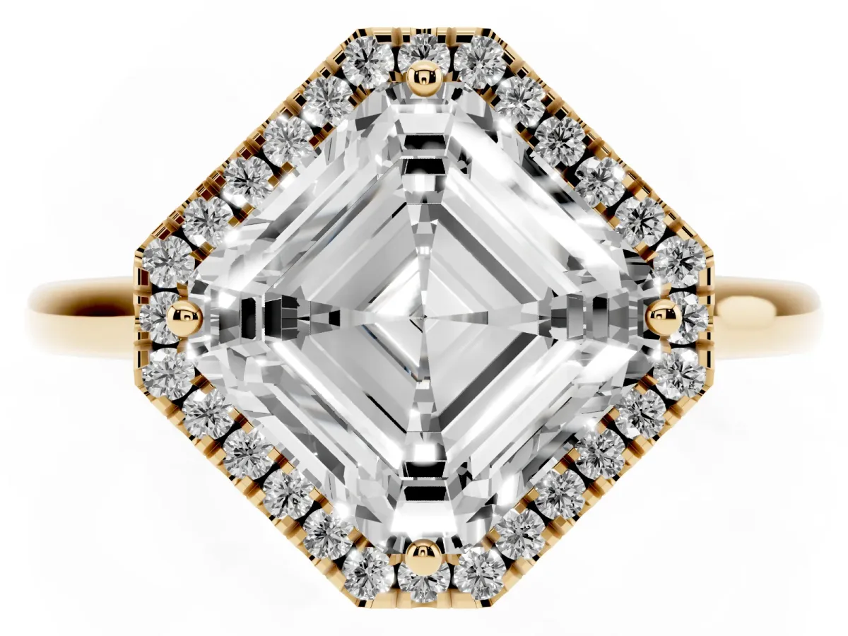 Asscher Cut Halo Round Diamond Solitaire Engagement Ring with Pave Band and Four-Prong Setting Yellow gold