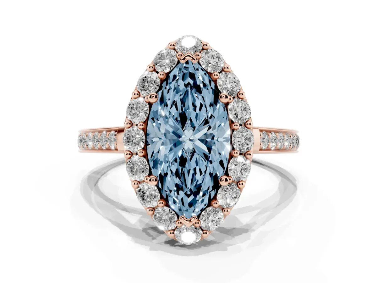 Fancy Blue Marquise Cut Diamond Floral Halo Ring with Pavé Band and Prong Setting Rose gold
