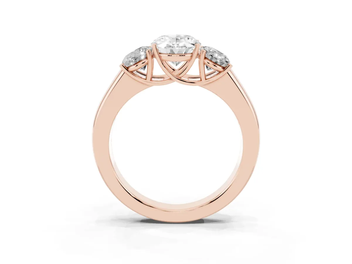 Three-Stone Oval Cut Cut Diamond Ring with Prong Setting and Classic Band Rose gold