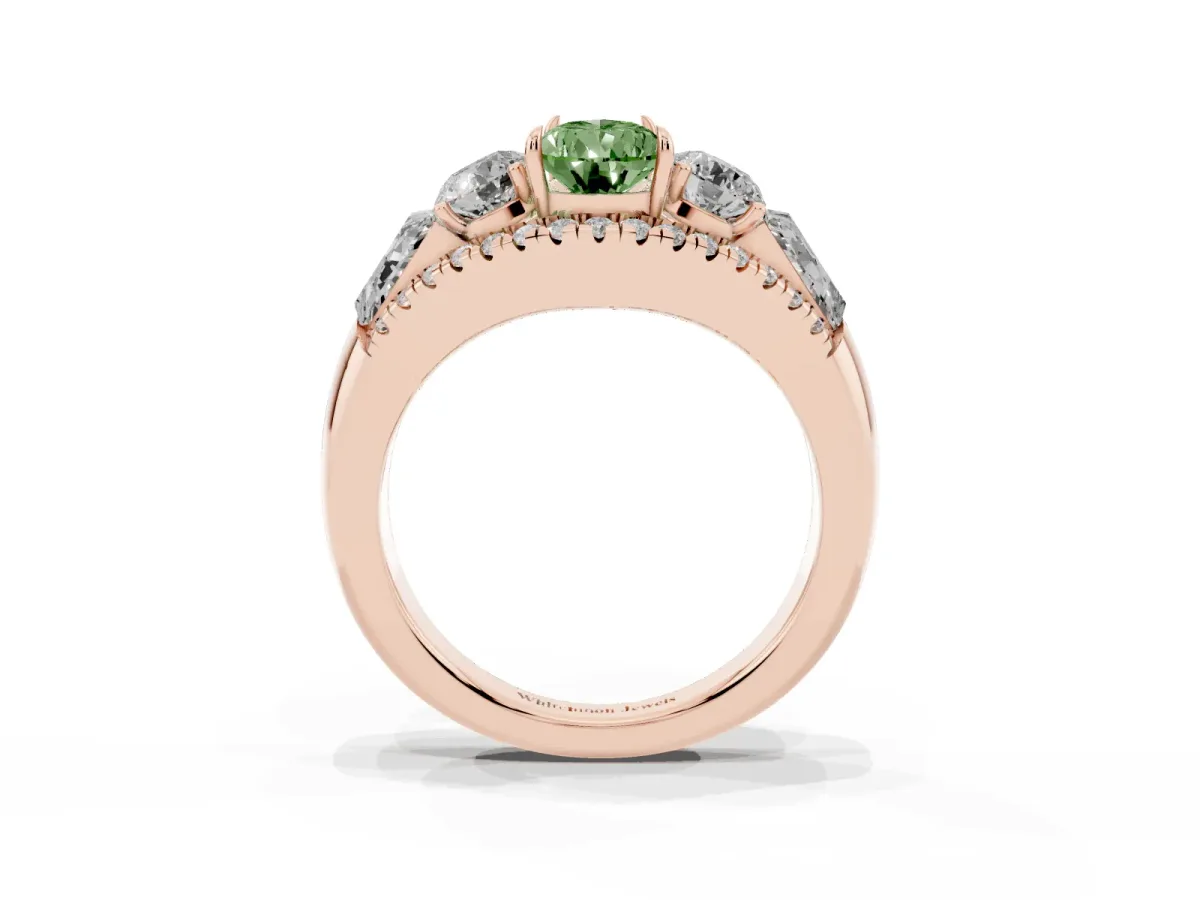 Fancy Green Three-Stone Pear Cut Diamond Engagement Ring with Pave Band and Prong Setting Rose gold