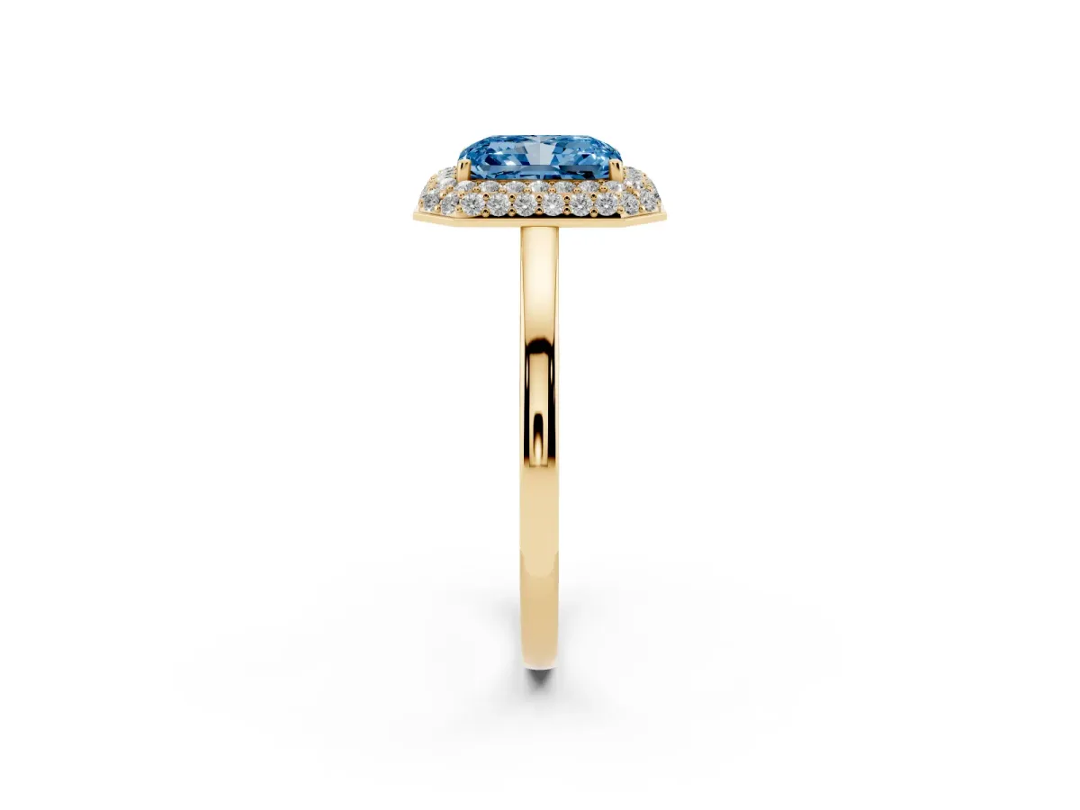 Fancy Blue Radiant Cut Halo Diamond Engagement Ring with Solitaire Band and Four-Prong Setting Yellow gold