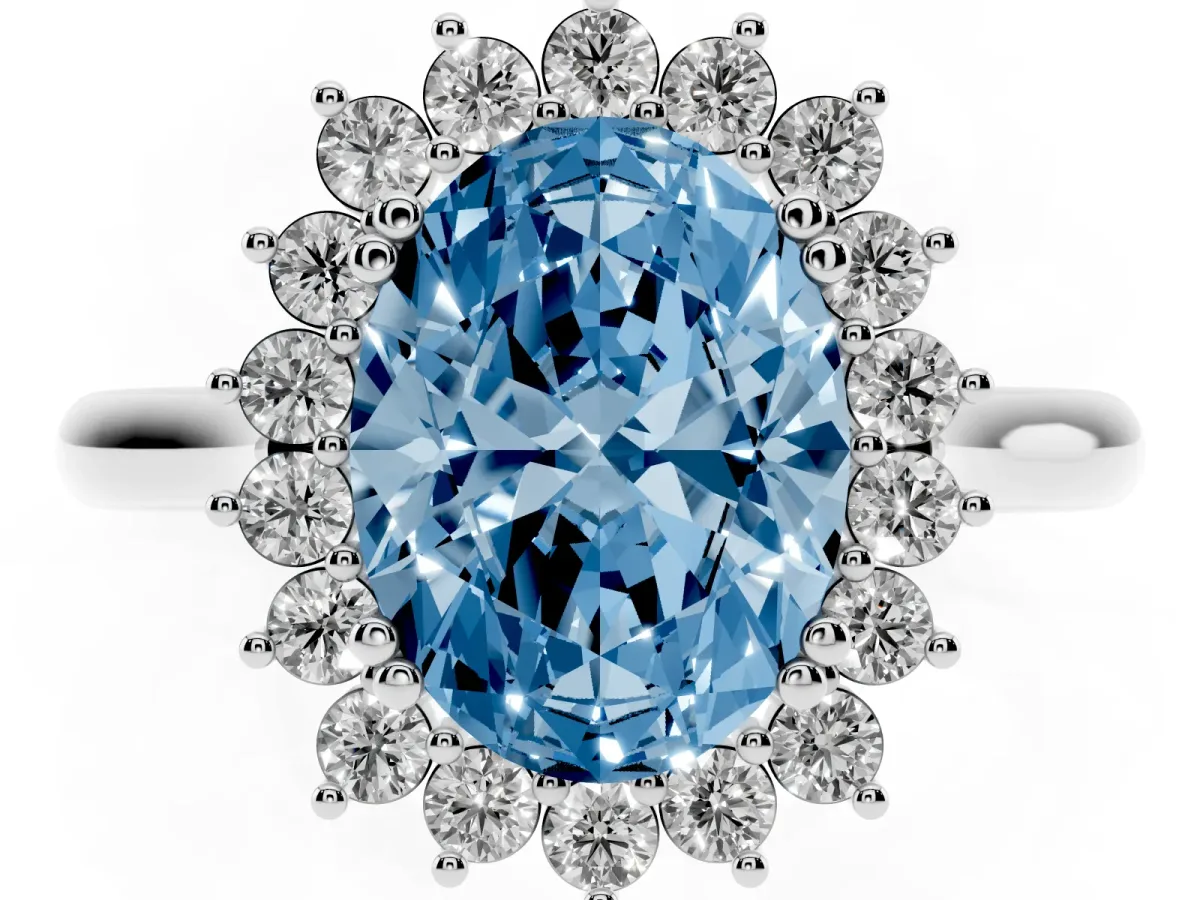 Fancy Blue Oval Cut Cut Diamond Halo Ring with Solitaire Band and Prong Setting Silver