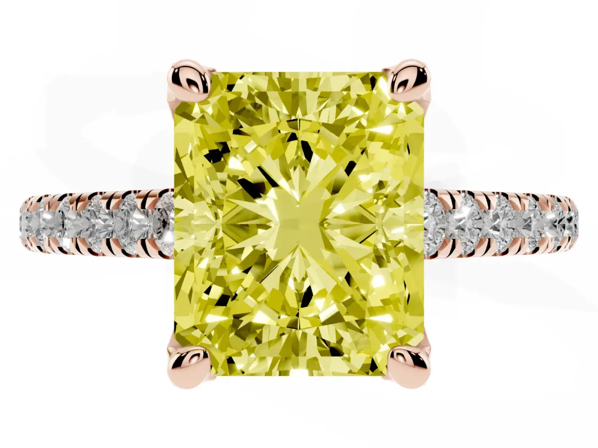 Fancy Yellow Radiant Cut Brilliant Diamond Solitaire with Pavé Band and Four-Prong Setting Rose gold