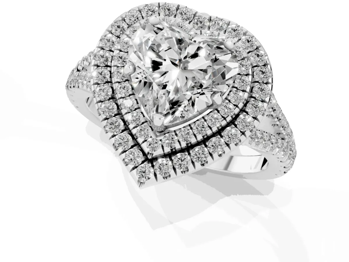 Heart Cut Diamond Double Halo Ring with Pavé Band and Prong Setting White gold