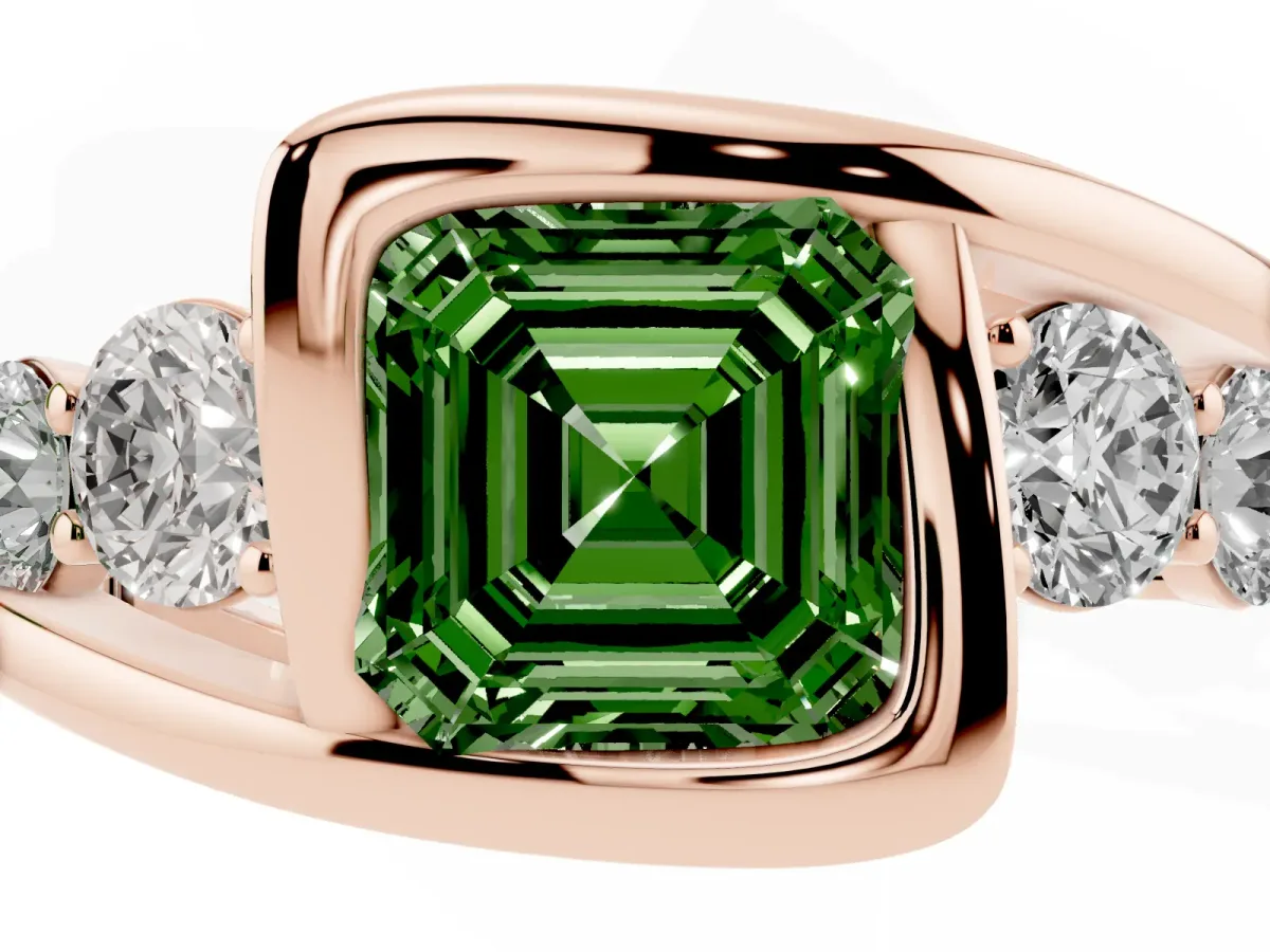 Fancy Green Bezel Set Asscher Cut Diamond Bypass Ring with Round Accents Rose gold