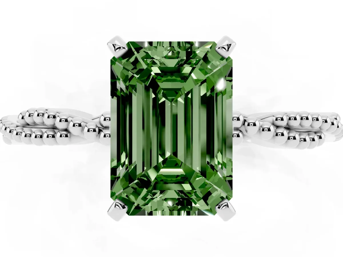 Fancy Green Emerald Cut Solitaire Twisted Band with Bead Prong Setting Silver