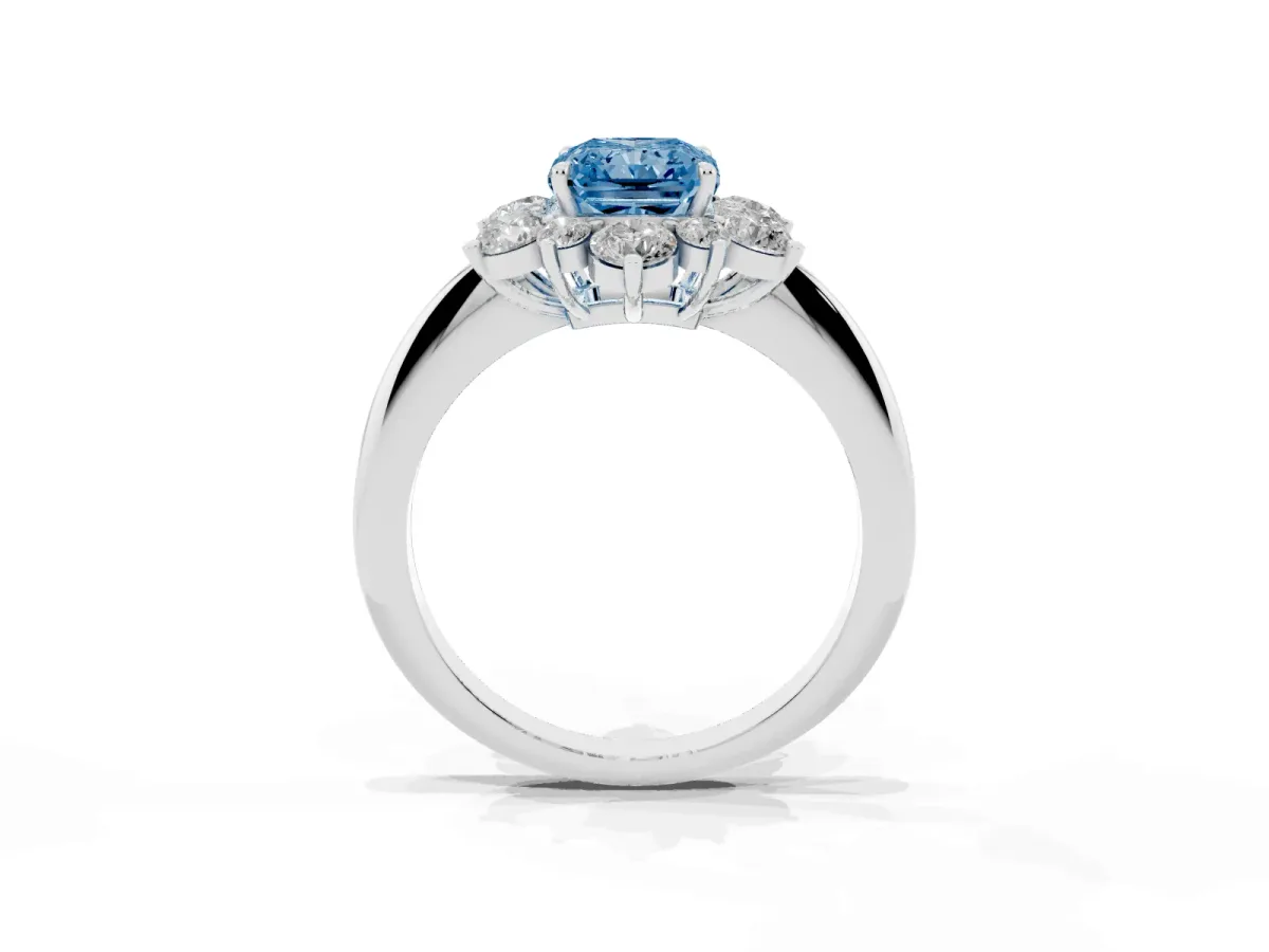 Fancy Blue Radiant Cut Diamond Cluster Halo Ring with Solitaire Band and Four-Prong Setting White gold