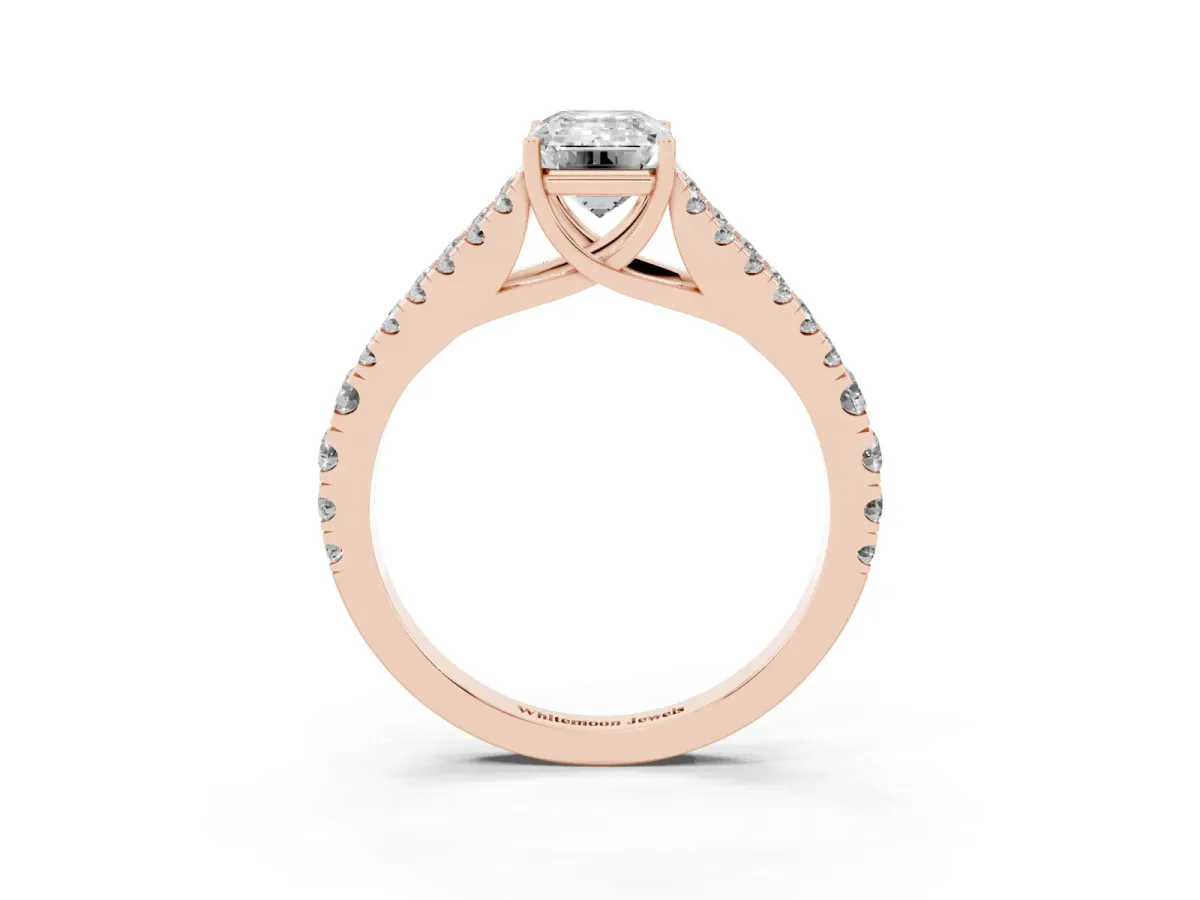 Emerald Cut Diamond Split Shank Engagement Ring with Round Pavé and Prong Setting Rose gold