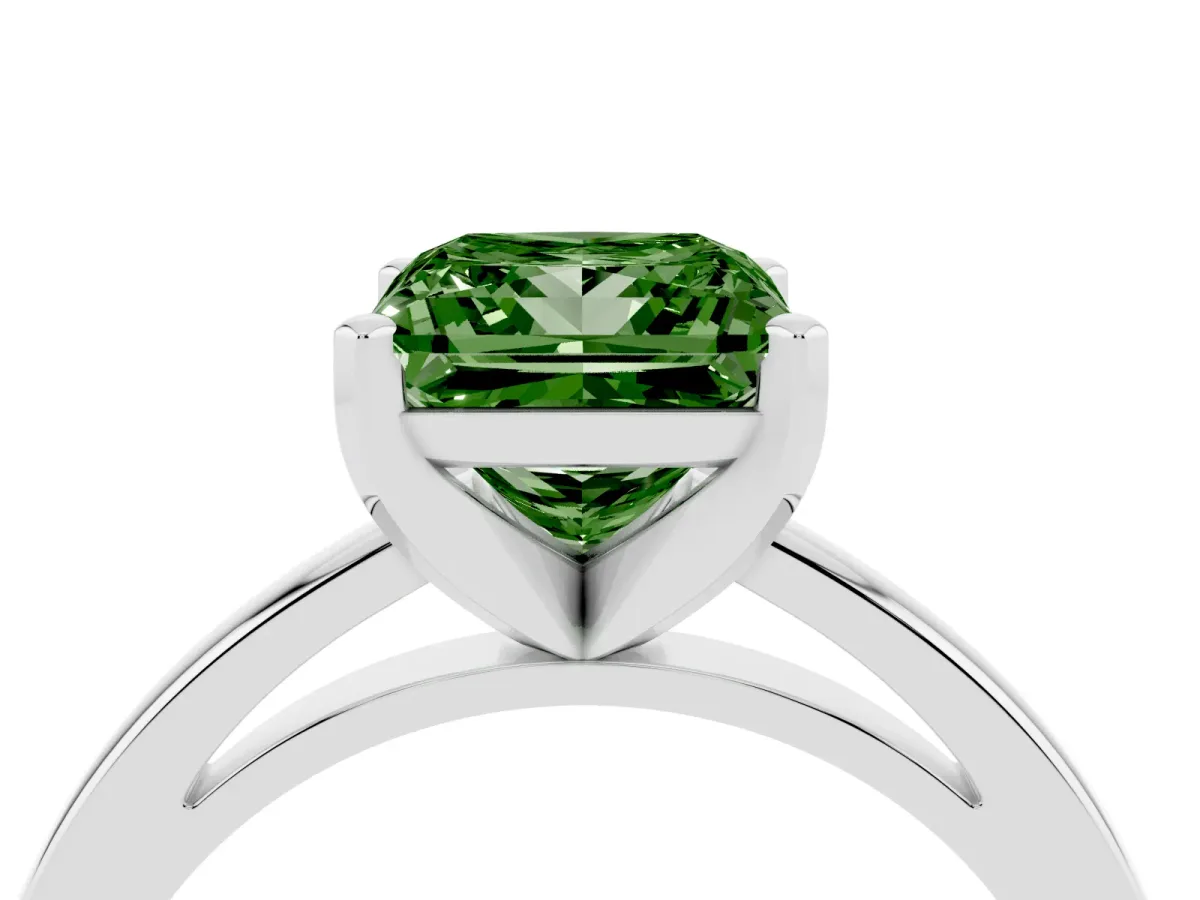 Fancy Green Princess Cut Solitaire Diamond Engagement Ring with Four-Prong Setting on a Classic Band Platinum