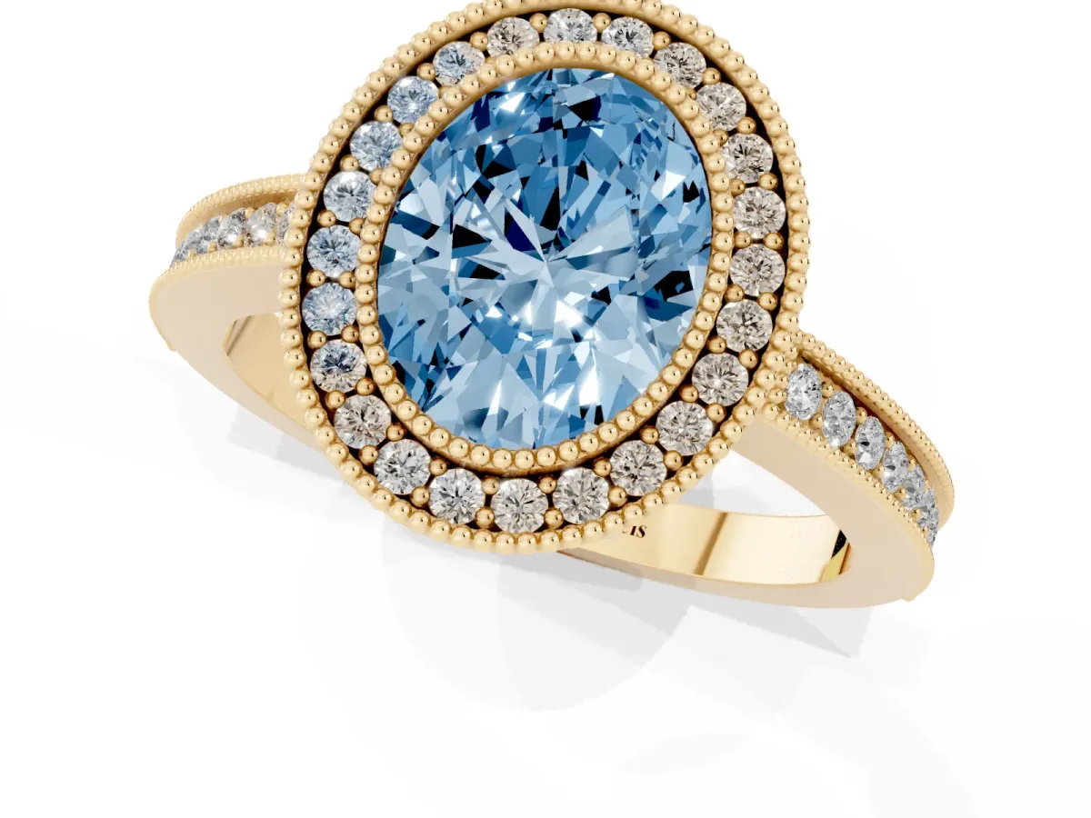 Fancy Blue Oval Cut Cut Halo Diamond Ring with Pavé Band and Milgrain Prong Setting Yellow gold
