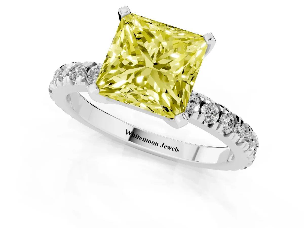 Fancy Yellow Princess Cut Diamond Pavé Band Solitaire with Four-Prong Setting Silver