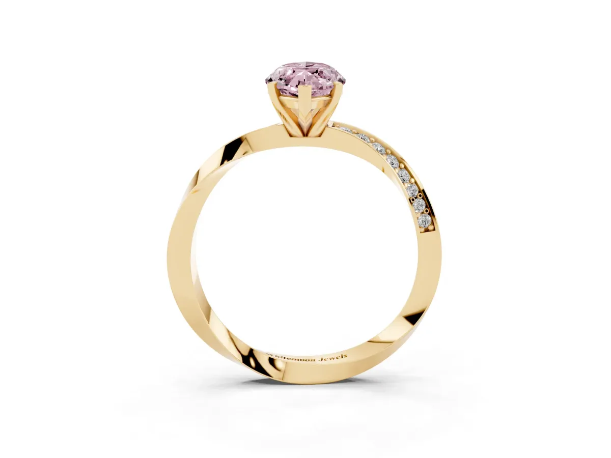 Fancy Pink Marquise Cut Diamond Engagement Ring with Side Stone Accents and Four-Prong Setting Yellow gold