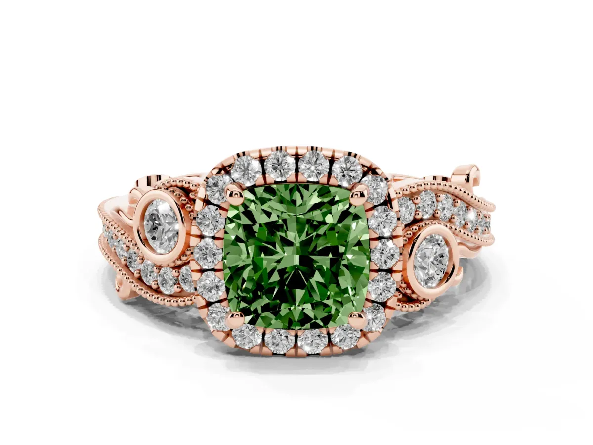 Fancy Green Cushion Cut Diamond Halo Ring with Milgrain Pavé Band and Four-Prong Setting Rose gold