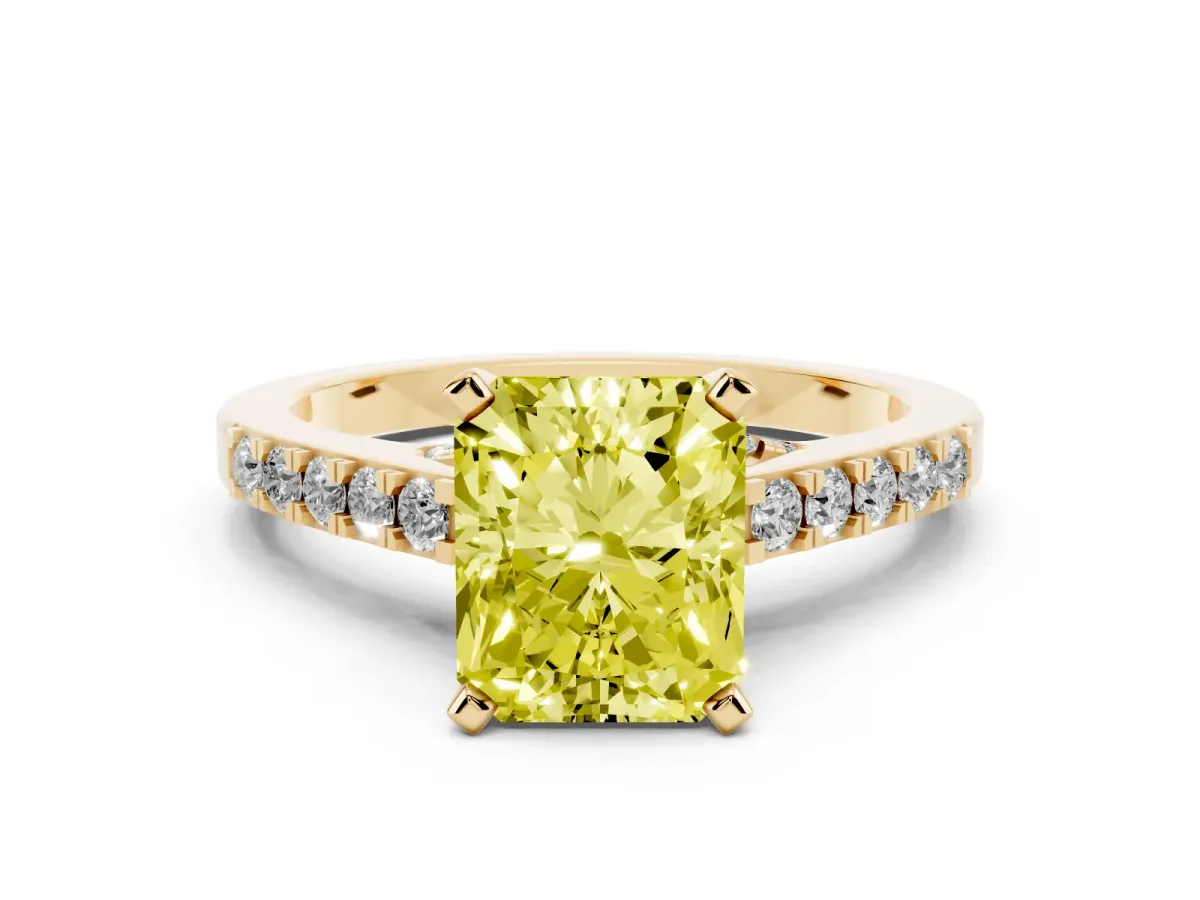 Fancy Yellow Radiant Cut Diamond Solitaire Ring with Crossover Gallery and Round Pavé Band Yellow gold