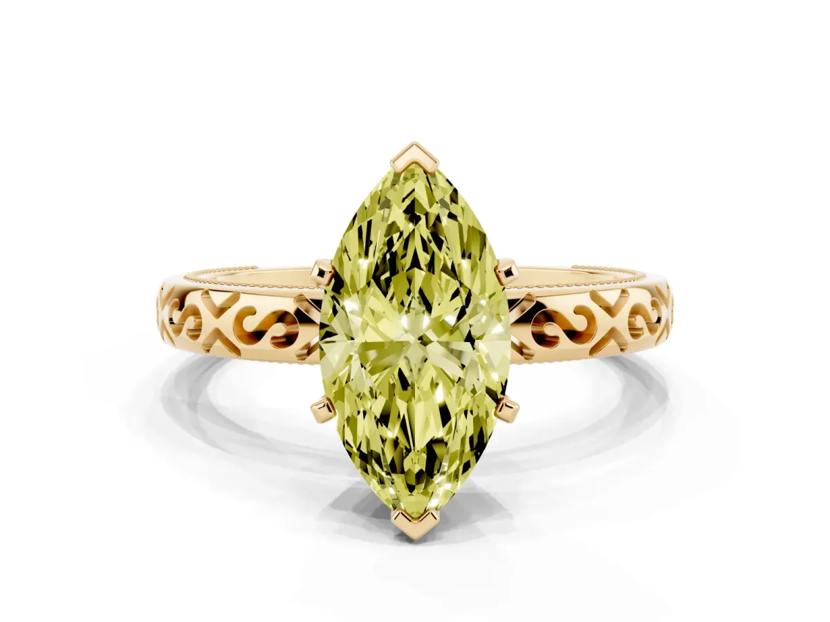 Fancy Yellow Marquise Cut Solitaire Engagement Ring with Scrollwork Band and Four-Prong Setting Yellow gold