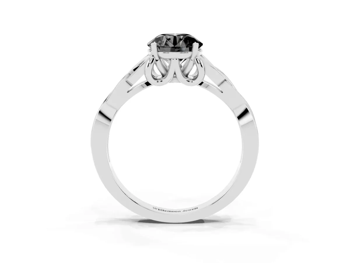 Fancy Black Round Cut Diamond Solitaire Engagement Ring with Celtic Knot Band and Four-Prong Setting White gold
