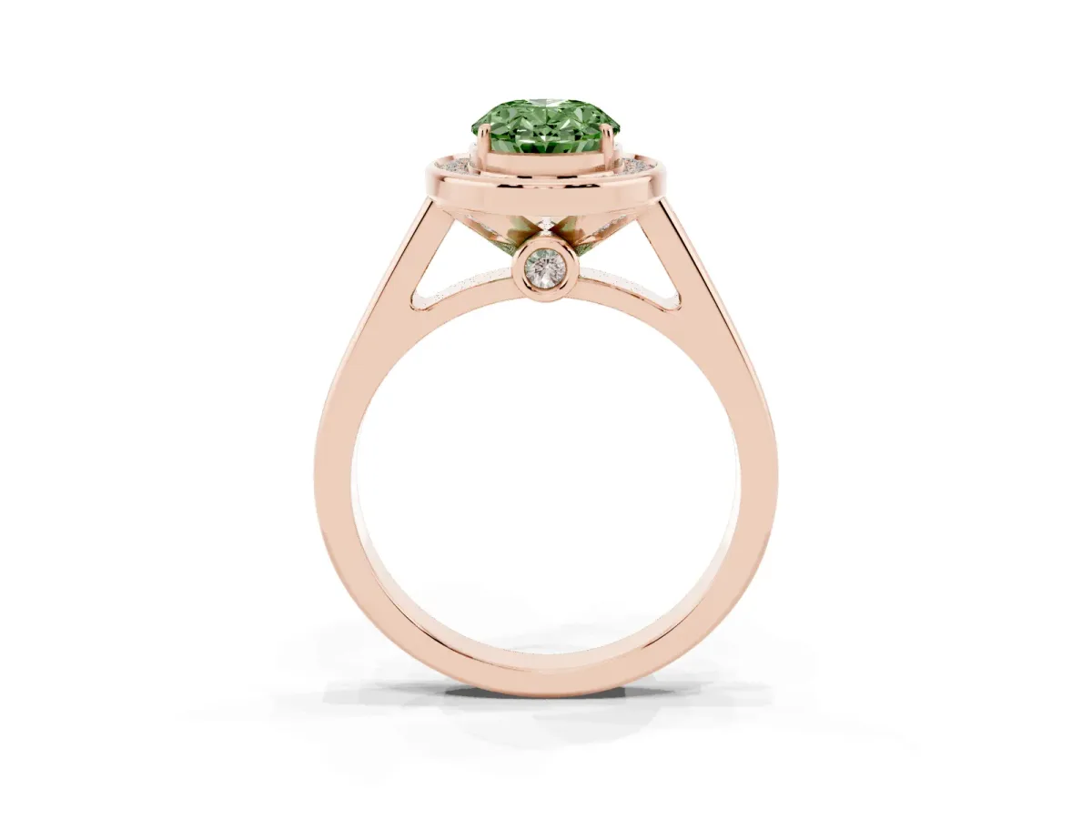 Fancy Green Oval Cut Halo Solitaire Diamond Ring with Pave Band and Bezel Setting Rose gold